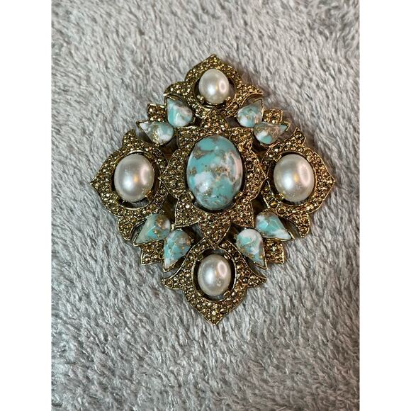 Vintage Sarah Coventry Brooch Gold Toned Faux Turquoise Pearls Coquette - Picture 1 of 7